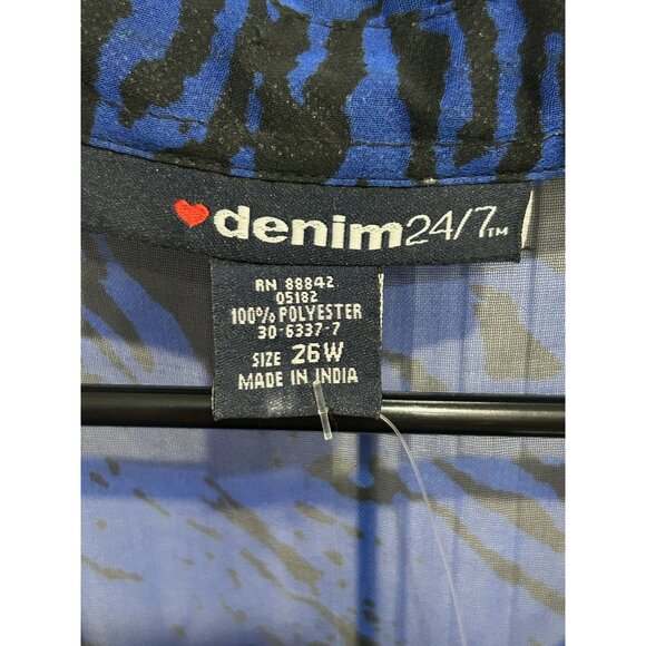 Denim 24/7 Zebra Striped Sheer Button Front Tunic Shirt Blue Black Sz 26W NWT - Picture 5 of 9